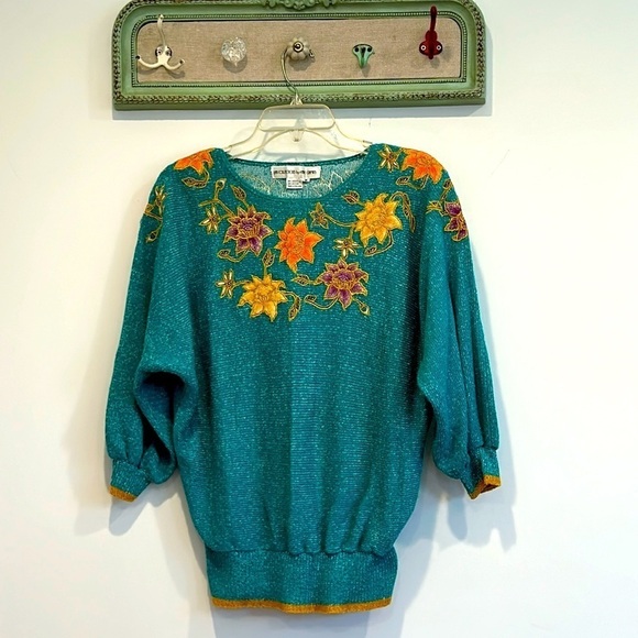 Vintage 80s Umi collections by Anne Crimmins embroidered 3/4 sleeve sweater teal - Picture 1 of 6
